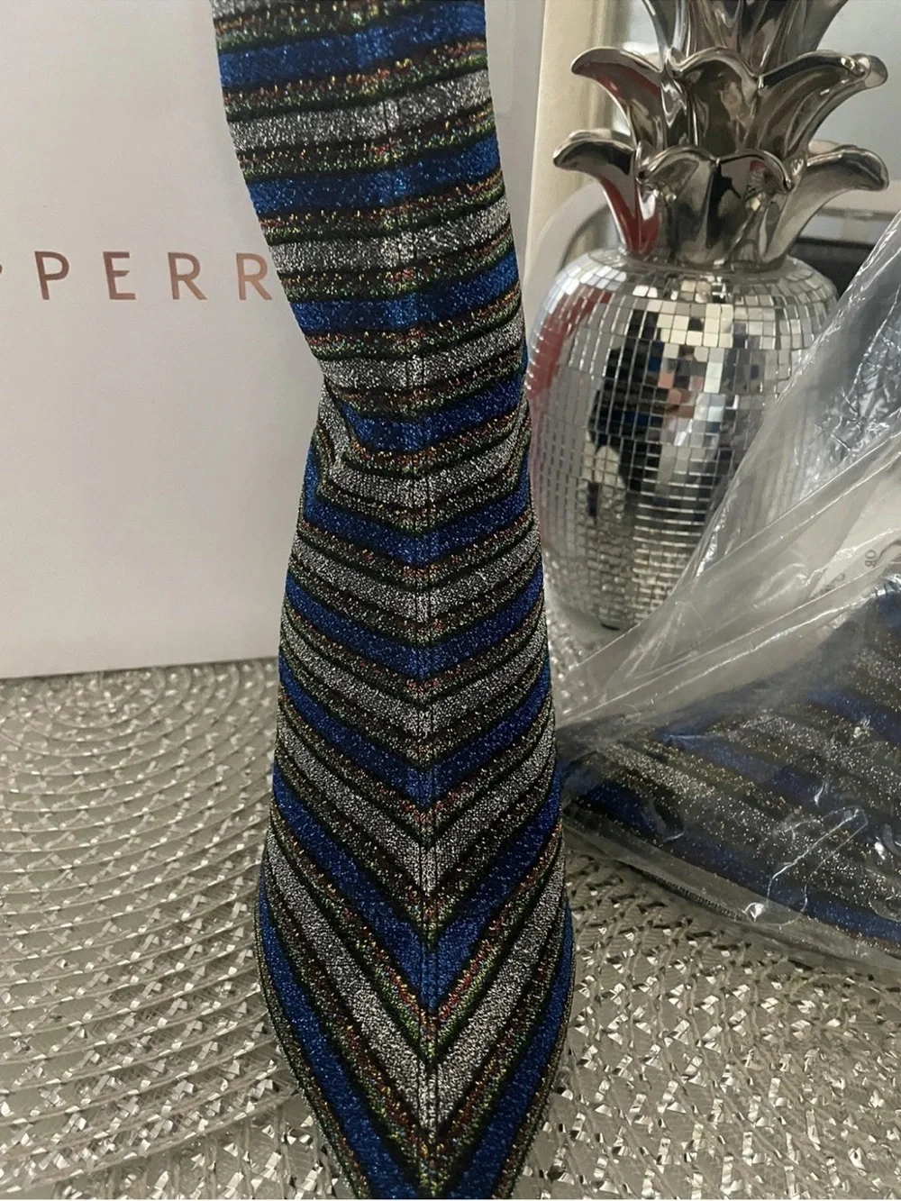 Katy Perry The Destiny Striped Glitter Sock Boot - Blue/Black size 9.5 NWT